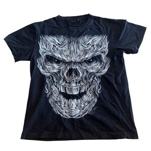 Y2K Vintage Rock Chang Black Skull Graphic T-Shirt Pierced 3D Gothic Mens Medium